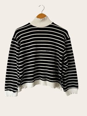 Zara Black and White Striped Oversized Turtleneck